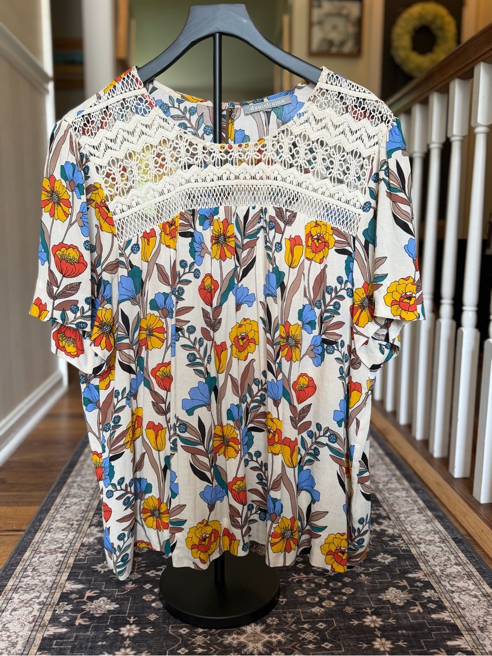 Danielrainn Cream Floral Crochet Yoke Tee with Yellow & Blue Blooms